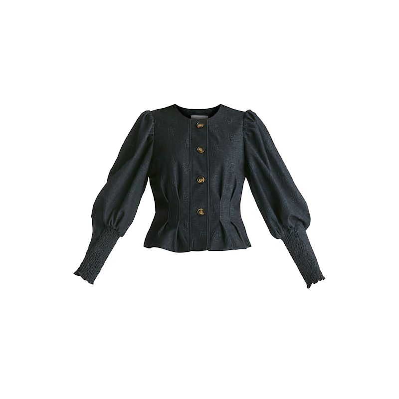 Denim Effect Jacket In Embossed Print In Dark Denim Blue | PAISIE ...