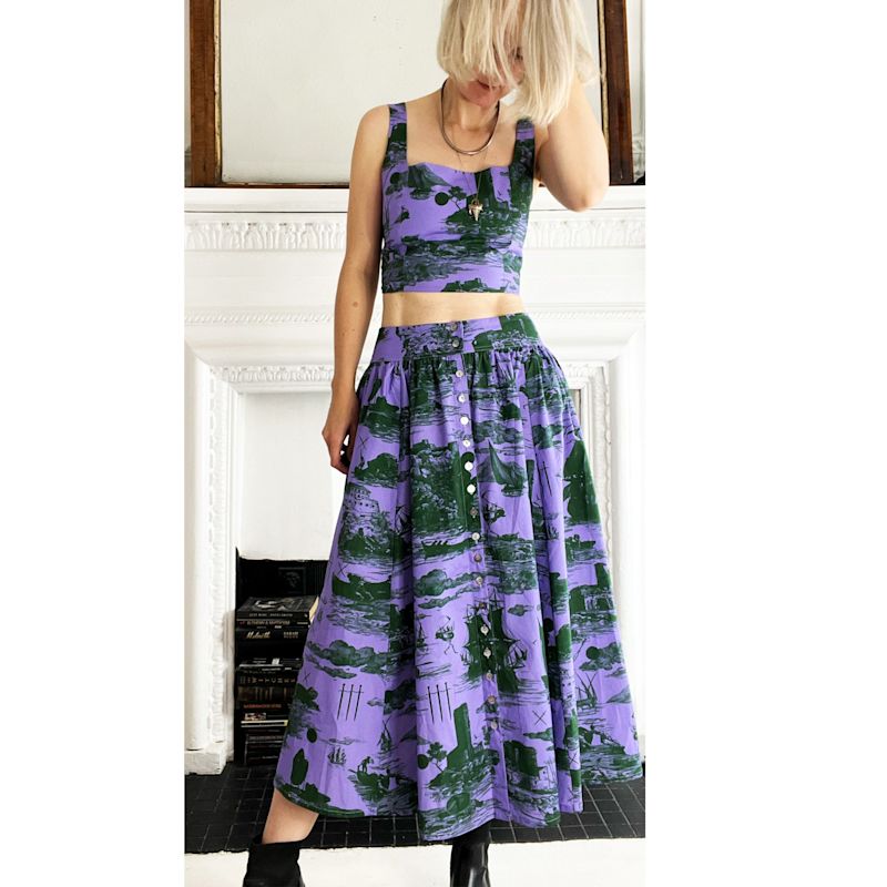 Eddie Cotton Skirt Doomed voyage print in Seaweed and Putty