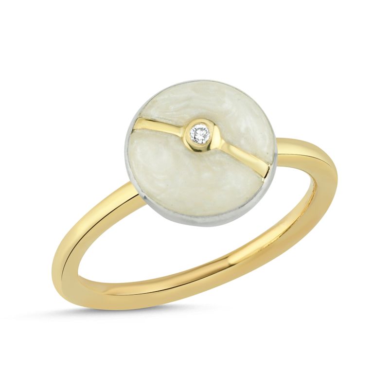Enamelled Mini Multi Diamond Buttons 14K Yellow Gold Ring - White Pearl ...