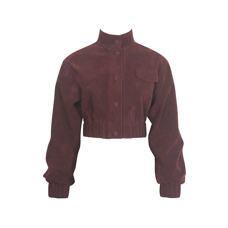 Farryn Mahogany Vegan Suede Cropped Bomber Jacket | Miss Circle New ...
