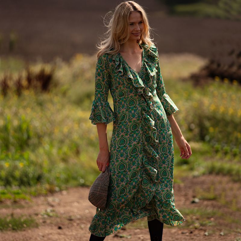 green emerald velvet dress Green Paisley Print Buttoned Midi Dress – Gabi Swimwear main image 0