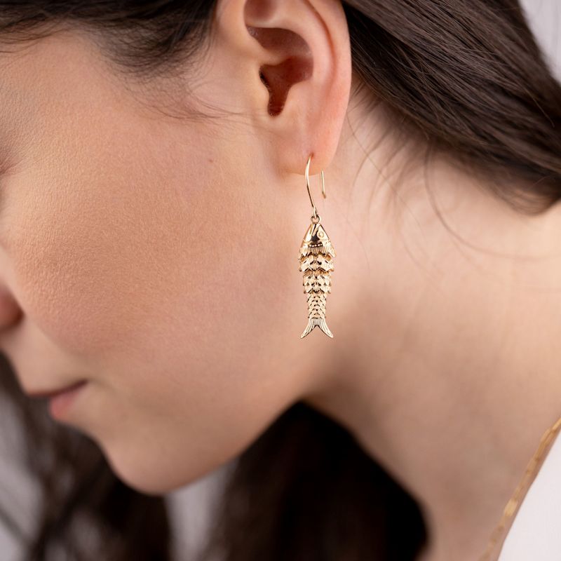 Articulated Gold Fish Dangle Drop Long Earrings oanasavu