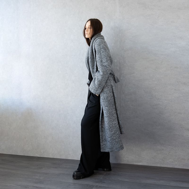 Grey Melange Wool Belted Coat – Long Soft Robe-Style Outerwear | JANA ...
