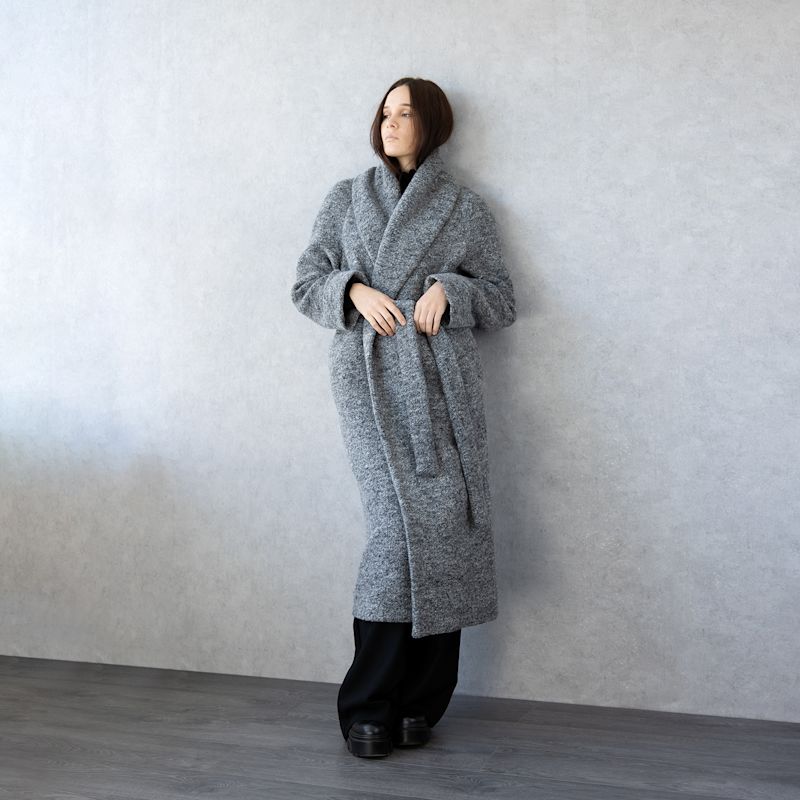 Grey Melange Wool Belted Coat – Long Soft Robe-Style Outerwear | JANA ...