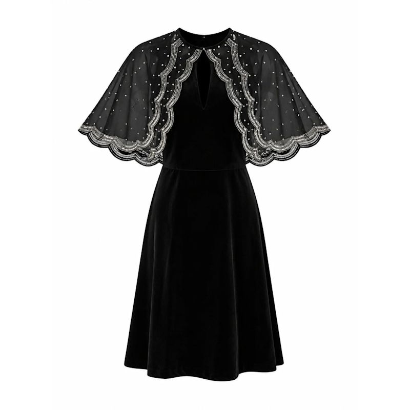 Heidi Black Velvet Hand Embroidered Cape Mini Dress | Rose & Nancy ...