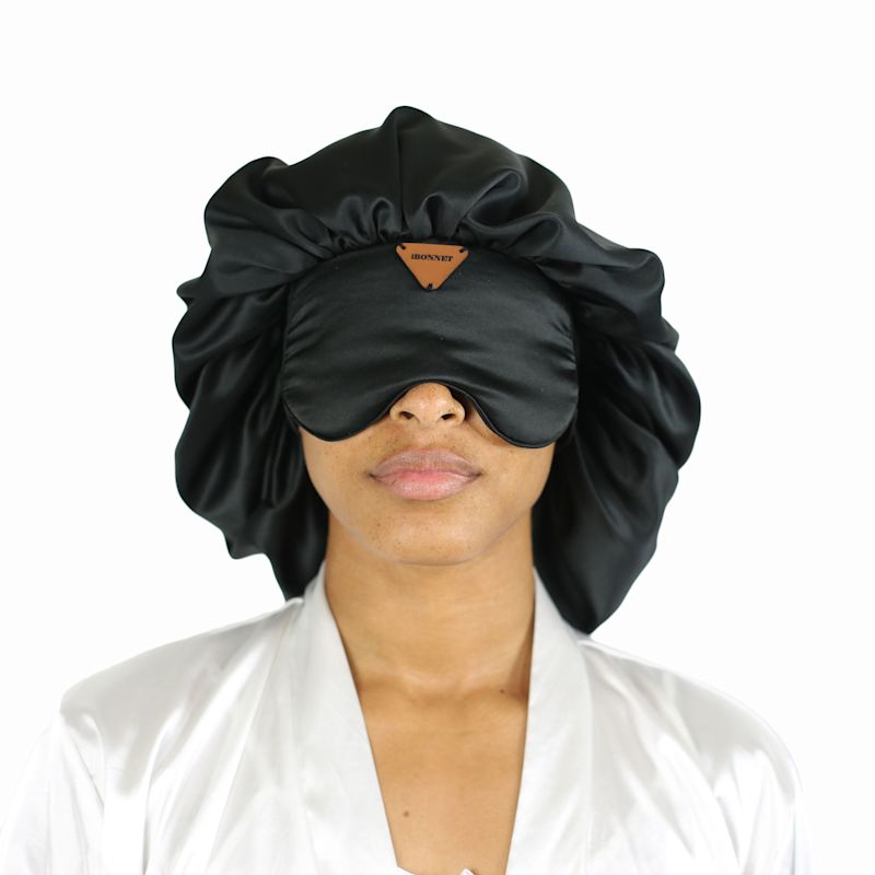 Ibonnet® Black Adjustable Satin Hair Bonnet Eye Mask With Gel Insert ...