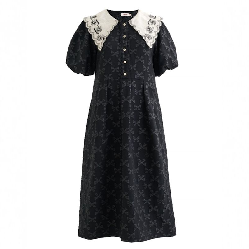 Women's Iris Black Bow Jacquard White Lace Collar Midi Dress | Small | Louche