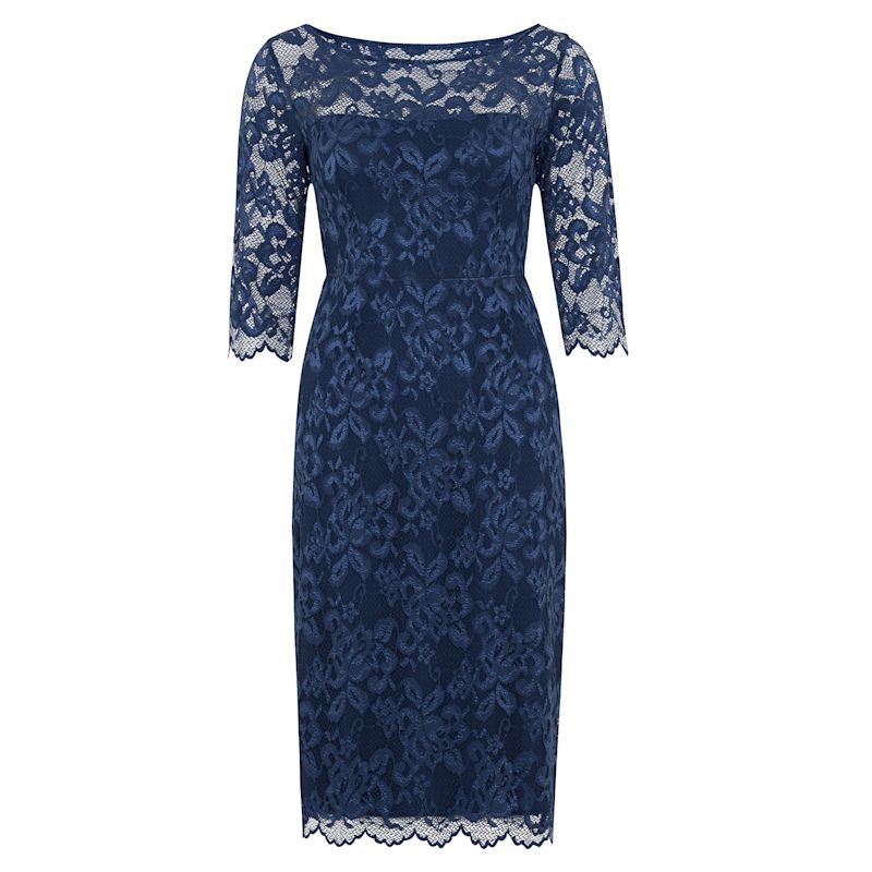 chinese dress ladies Addison Navy Cowl-Neck Open-Back Midi Dress With Lace – Club L London main image 0