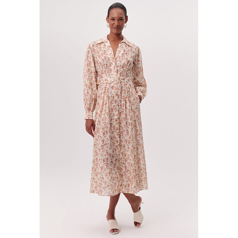 Katie Fitted Waist Floral Midi Shirt Dress- Multi Color | EXQUISE ...