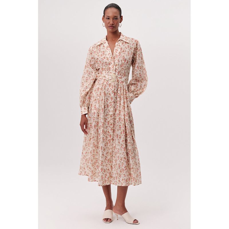 Katie Fitted Waist Floral Midi Shirt Dress- Multi Color | EXQUISE ...
