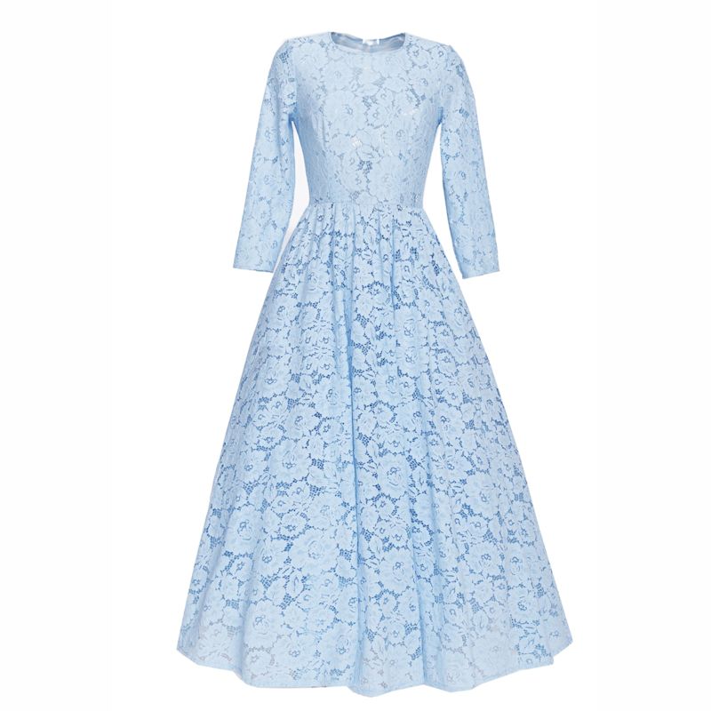 lace dress with sleeves blue Plus Size Puff Sleeve Premium Lace Midi Dress in Blue main image 1