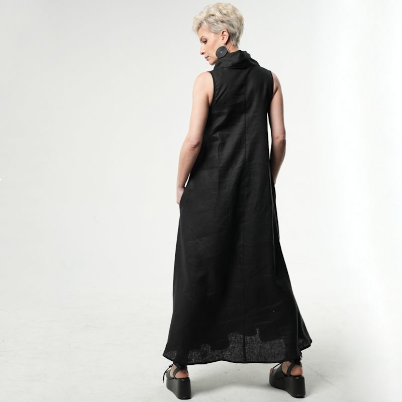 Stand Collar With Back Crinkle Linen Maxi Dress