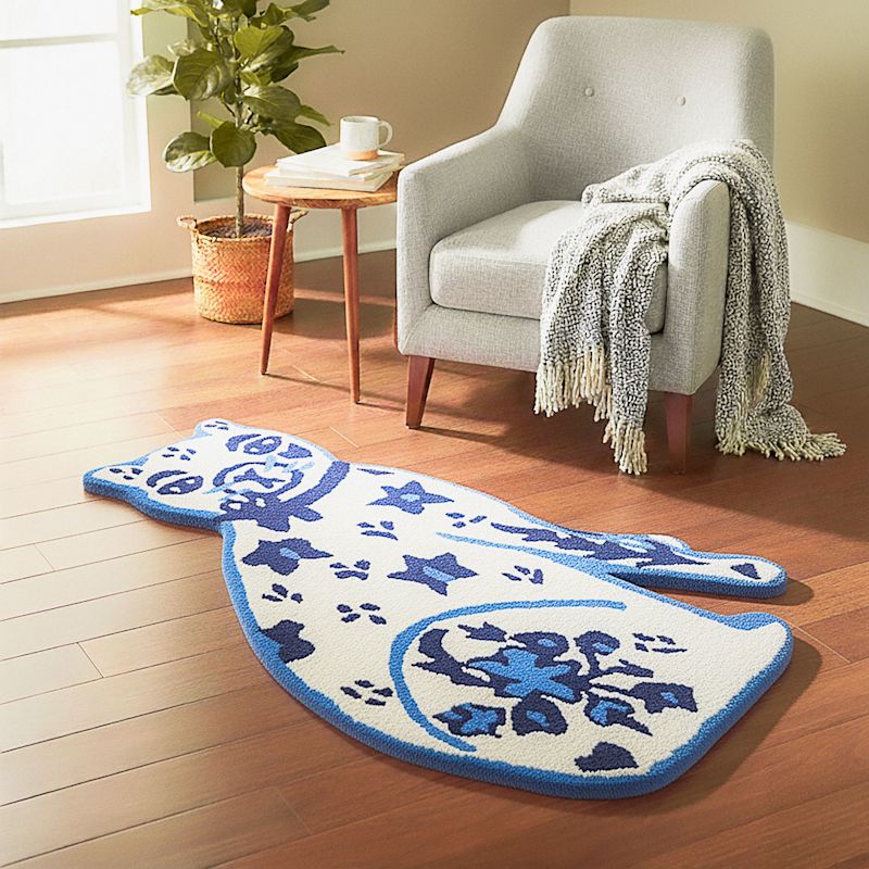 Large Hand-Tufted Blue And White Cat Wool Rug | Fable and Mirth | Wolf ...