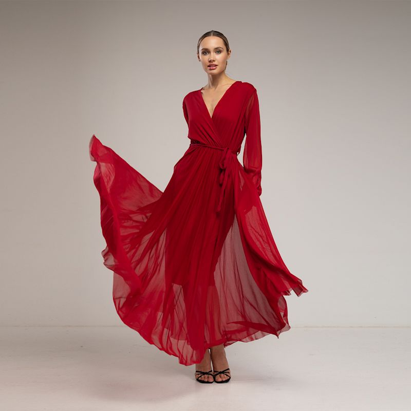 Long Tulle Dress with Deep V Neck Satin Sash Decor Orange