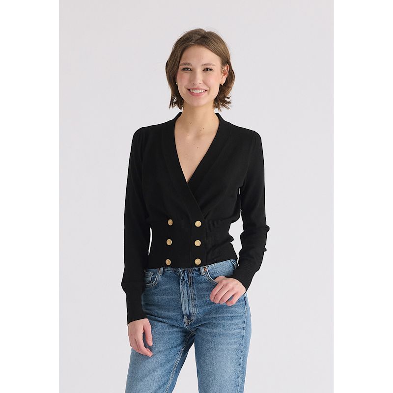 Long Sleeve Knitted Button Wrap Top In Black | PAISIE | Wolf & Badger