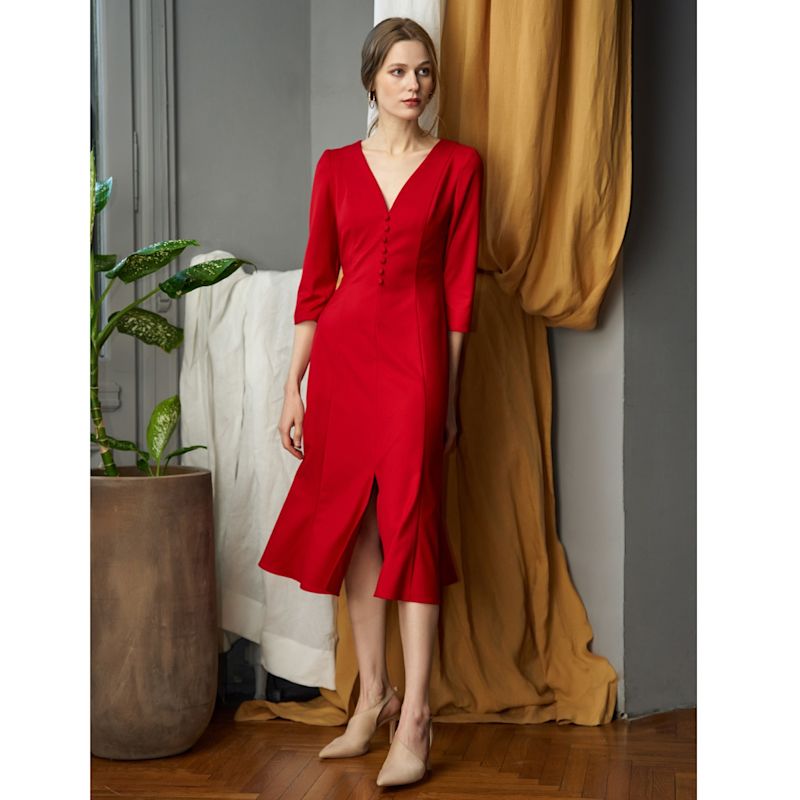 green emerald velvet dress Lenora Fit & Flare Midi Dress, Red – Jolie Moi Retail main image 0