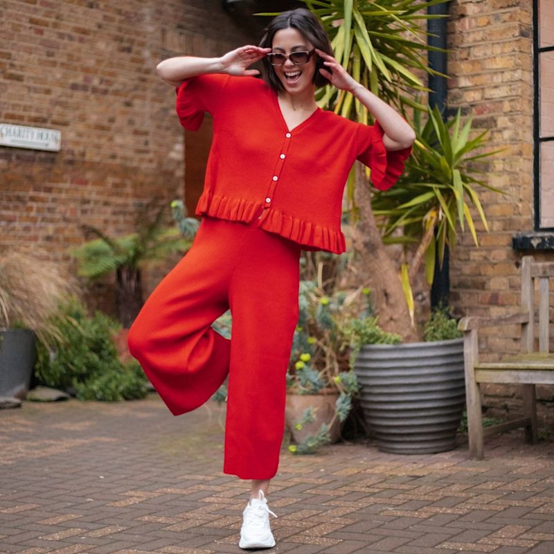 Martha Wide Leg Knitted Trousers Co-Ord Red by Cara The Sky