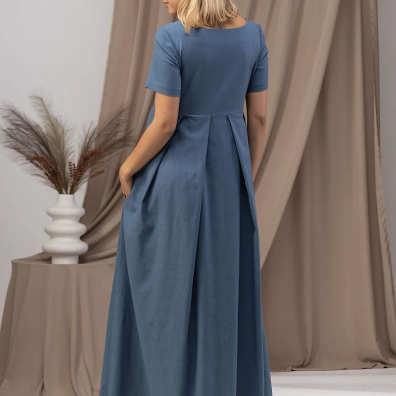 sachin and babi light blue dress Maxi Linen Maternity Dress With Short Sleeves And Empire Waist In Slate  Blue Color | Nikka Place