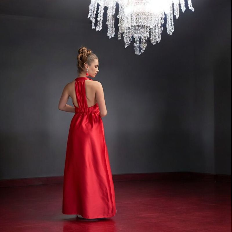 Odette Halter Full length Silk Gown in Red