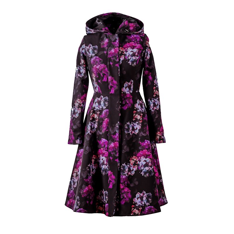 Fit And Flare Black Waterproof Coat With Hydrangea Pattern