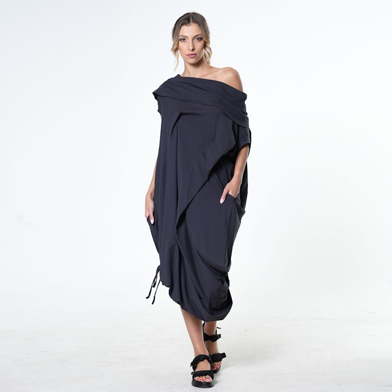 chinese dress ladies PRISTINE ASYMMETRIC NECKLINE PLEAT SHOULDER RUCHING DETAIL DRAWSTRING SPLIT MAXI  DRESS main image 0