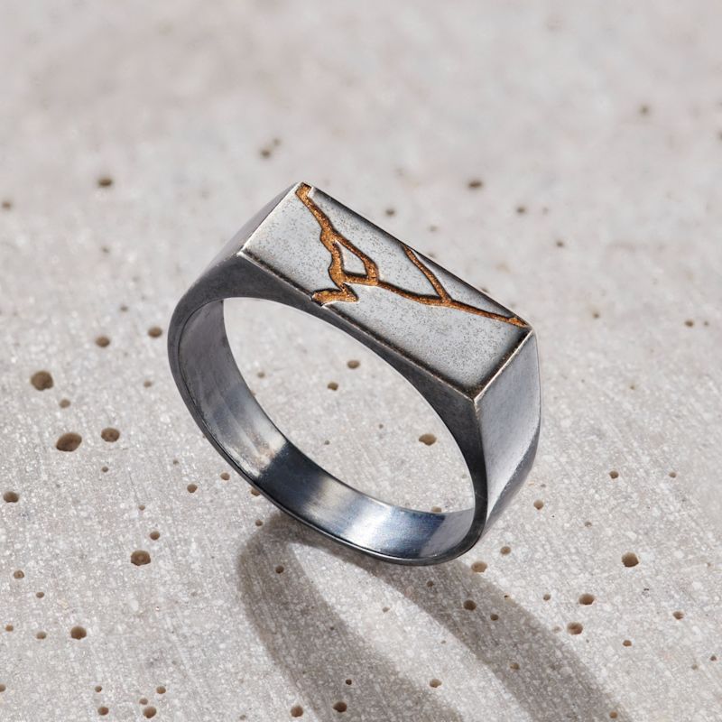 Oxidised Sterling Silver Rectangle Kintsugi Signet Ring | Posh