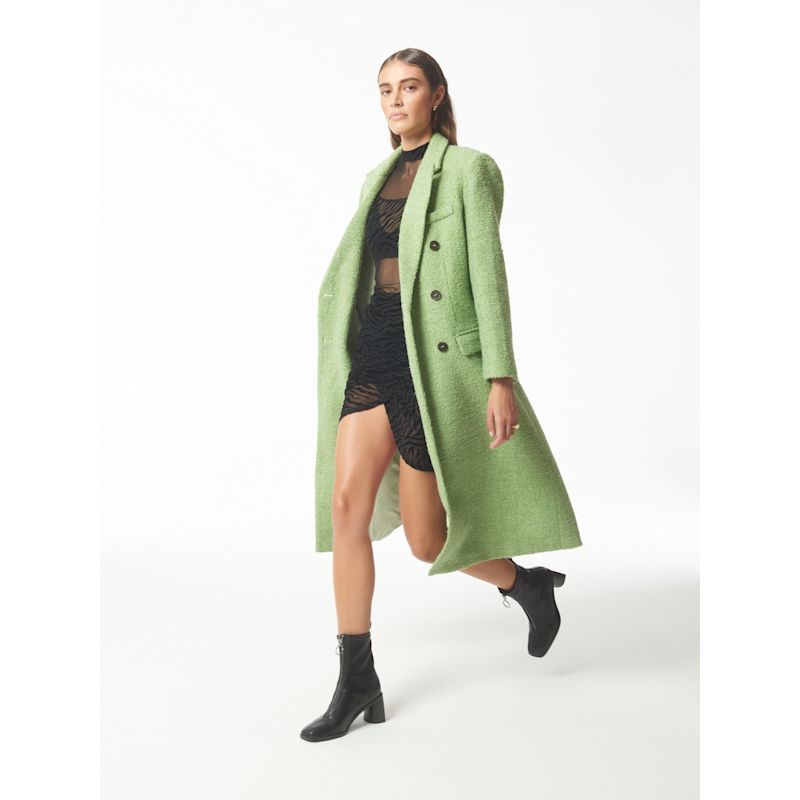 Metallic Thread Peak-Lapels Bouclé Tweed Coat In Pistachio Green