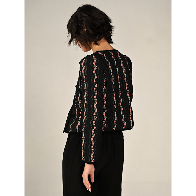 Queenie Black Floral Print Velvet Trim Military Jacket | Rose & Nancy ...