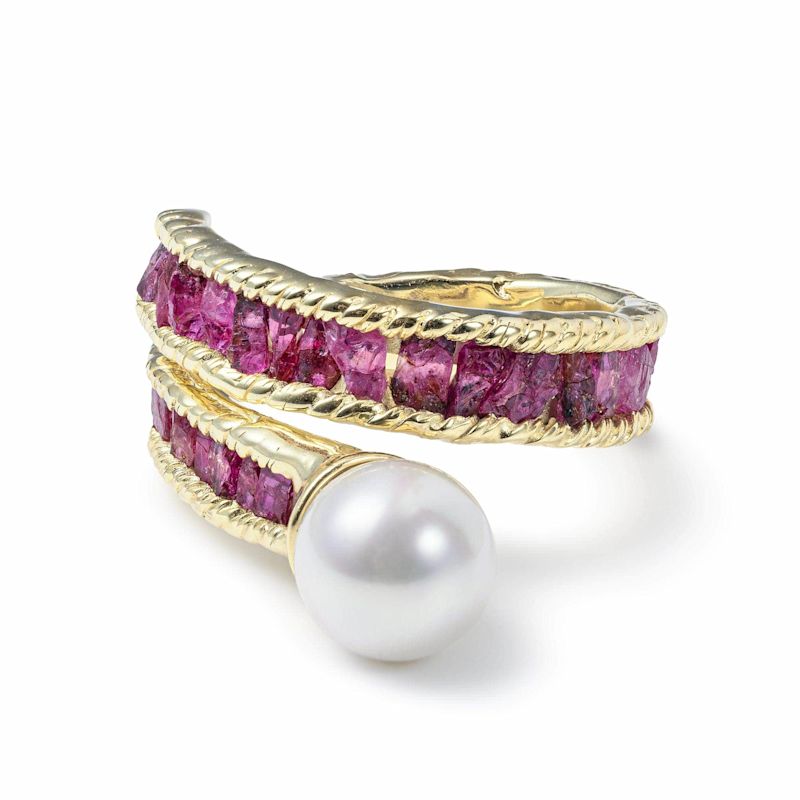 Rhea Silver Handmade Ring With Raw Rubies & Cultured Pearl | German ...