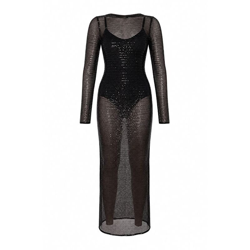 knee length dresses for ladies Elegant Sheer Sleeves Mesh Train Sequin Evening Dress – Elonnashop main image 0