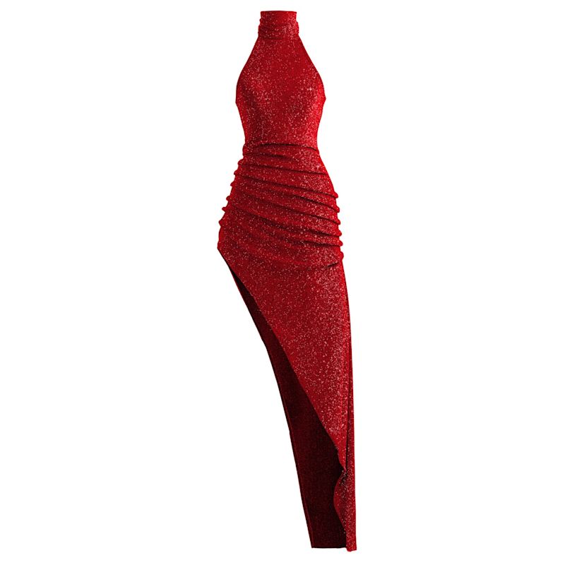 Kargede Sparkly Fitted Maxi Dress with Asymmetrical Hem - Red