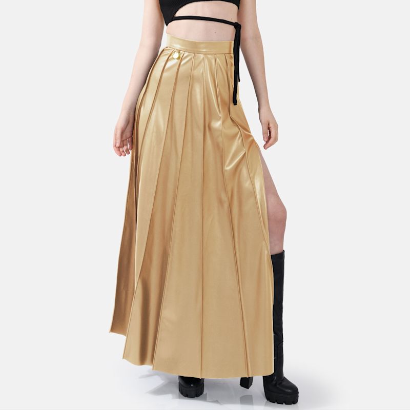 Victoria | Elegant High-Waist Pleated Maxi Skirt in Gold - Lumina