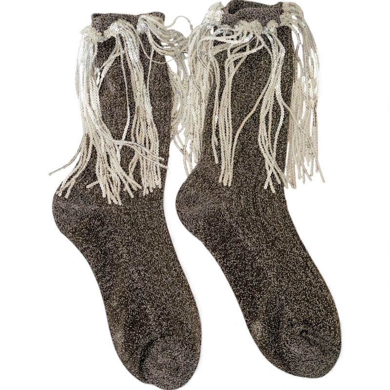 Stevie Metallic Lurex Socks With Glitter Fringe Black High Heel — free download