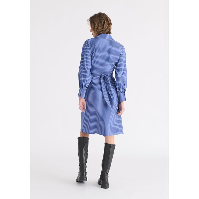 2296 Blue Tie Waist Striped Shirt Dress