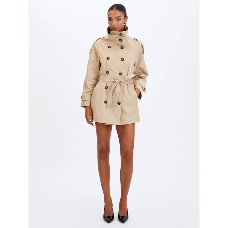 Vanetta Tan High Collar Double-Breasted Trench Mini Coat | Miss Circle ...