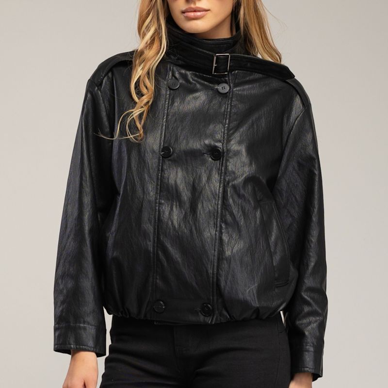 Wide Faux Leather Jacket With Double Button Closure, Gathered At The ...