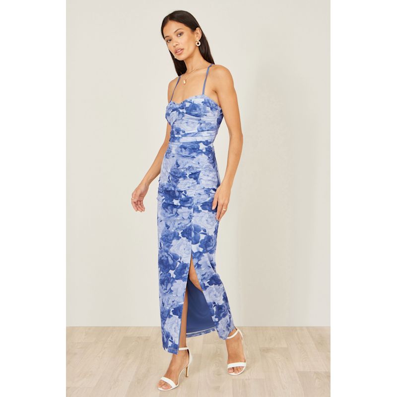 Yumi Blue Mesh Ruched Midi Dress With Split | Yumi | Wolf & Badger