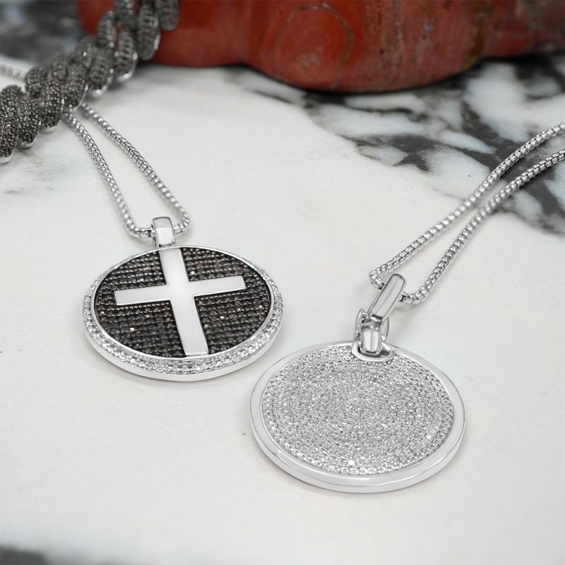 Black & White  Diamond Men's Cross Disc Pendant In Sterling Silver image