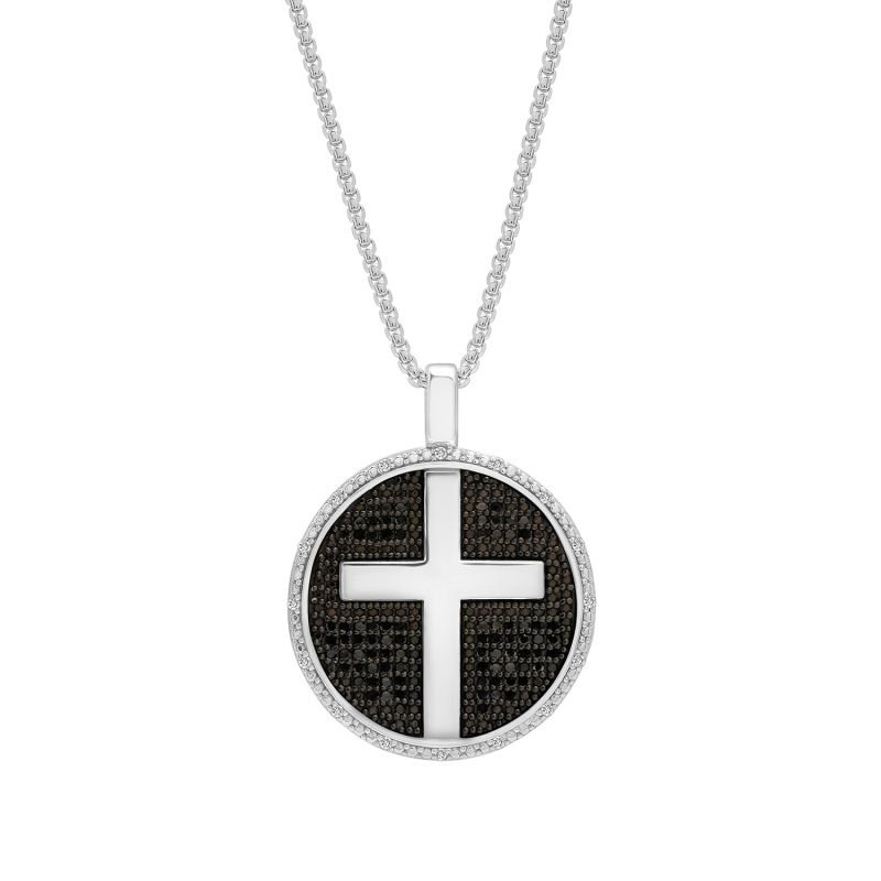 Black & White  Diamond Men's Cross Disc Pendant In Sterling Silver image