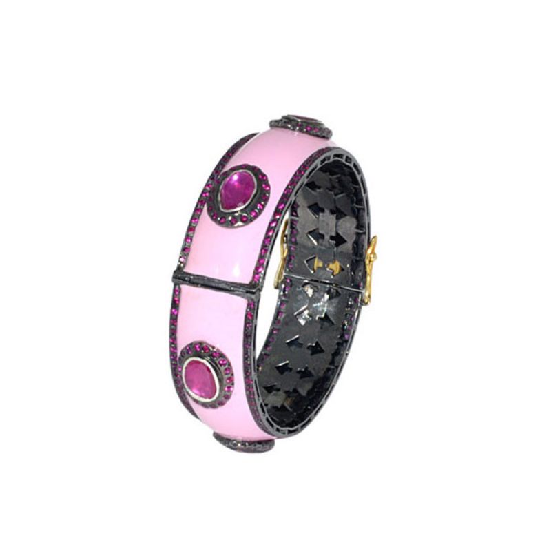 14K Gold & 925 Silver With Ruby Pave Gemstone Enamel Designer Bangle image