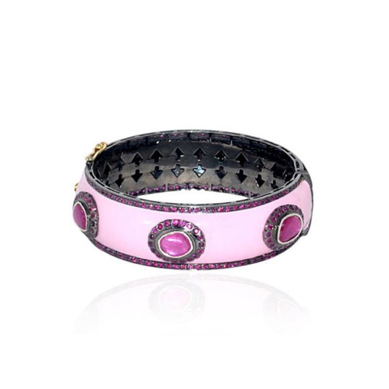 14K Gold & 925 Silver With Ruby Pave Gemstone Enamel Designer Bangle image