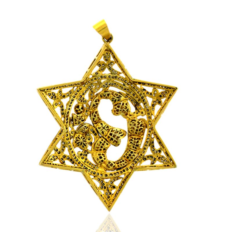 14K Solid 925 Silver With Uncut Diamond "Om" Mythological & Star Of David Pendant image