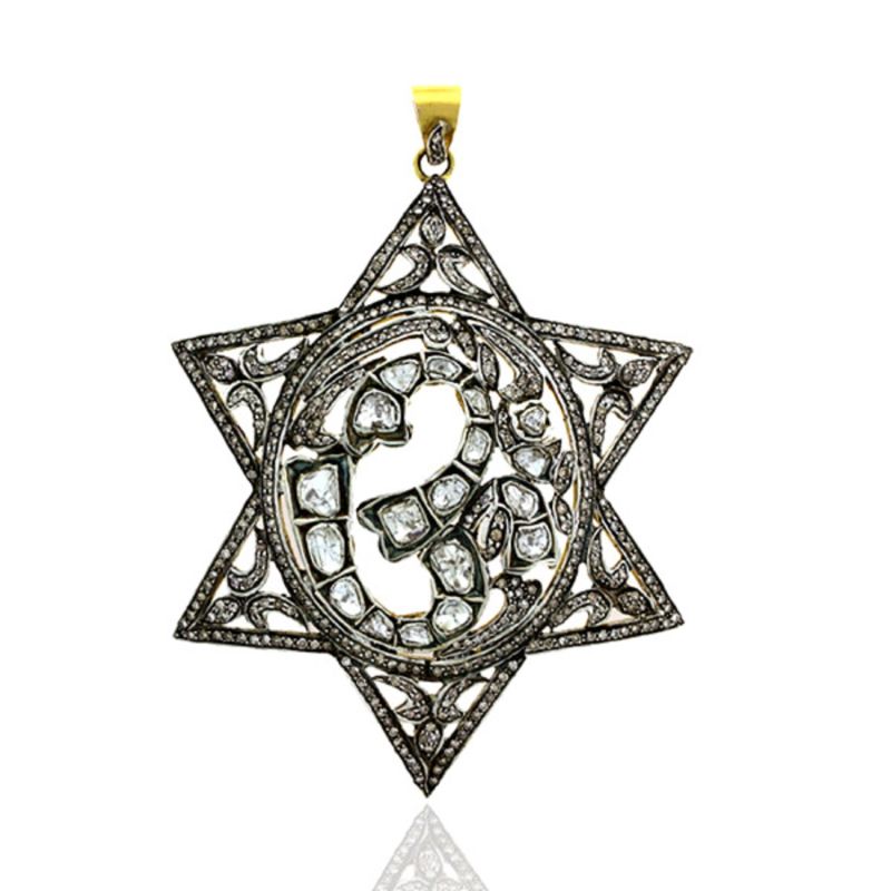 14K Solid 925 Silver With Uncut Diamond "Om" Mythological & Star Of David Pendant image