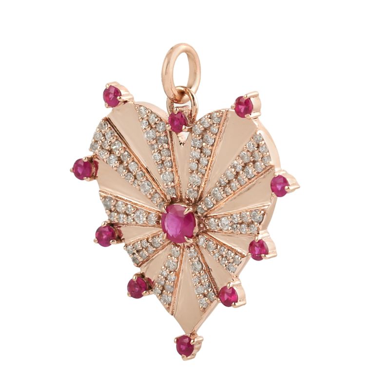 14K Solid Rose Gold With Pave Diamond & Ruby Heart Design Pendant Jewelry image