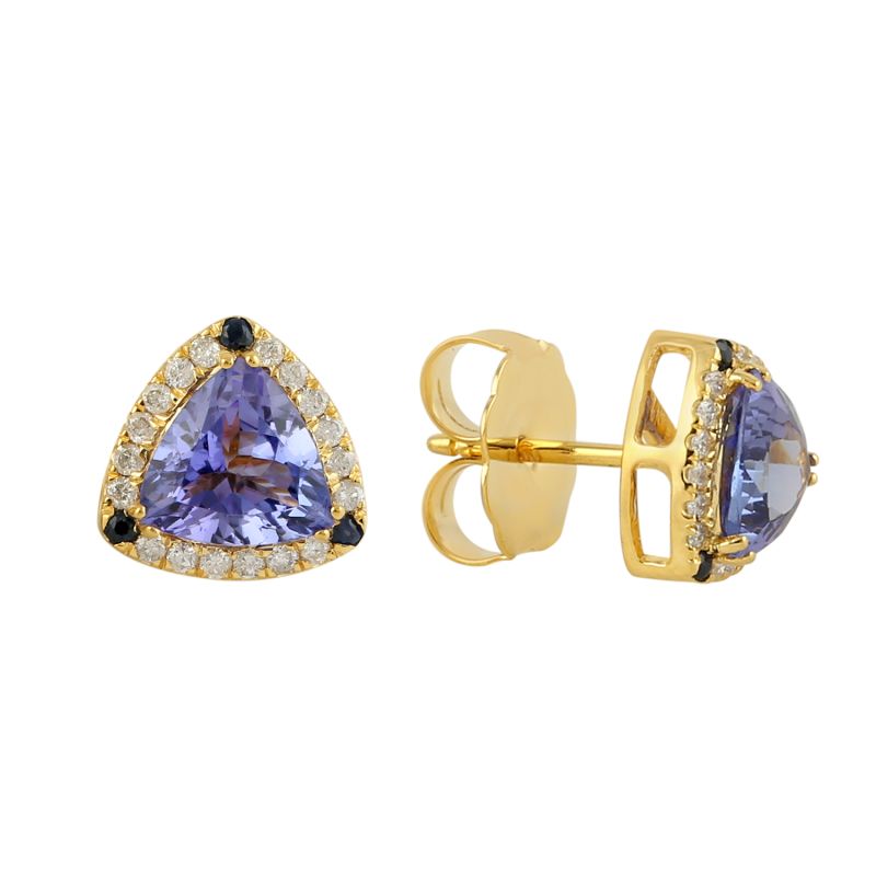 14K Yellow Gold With Diamond & Blue Sapphire Triangle Tanzanite Stud Earrings image