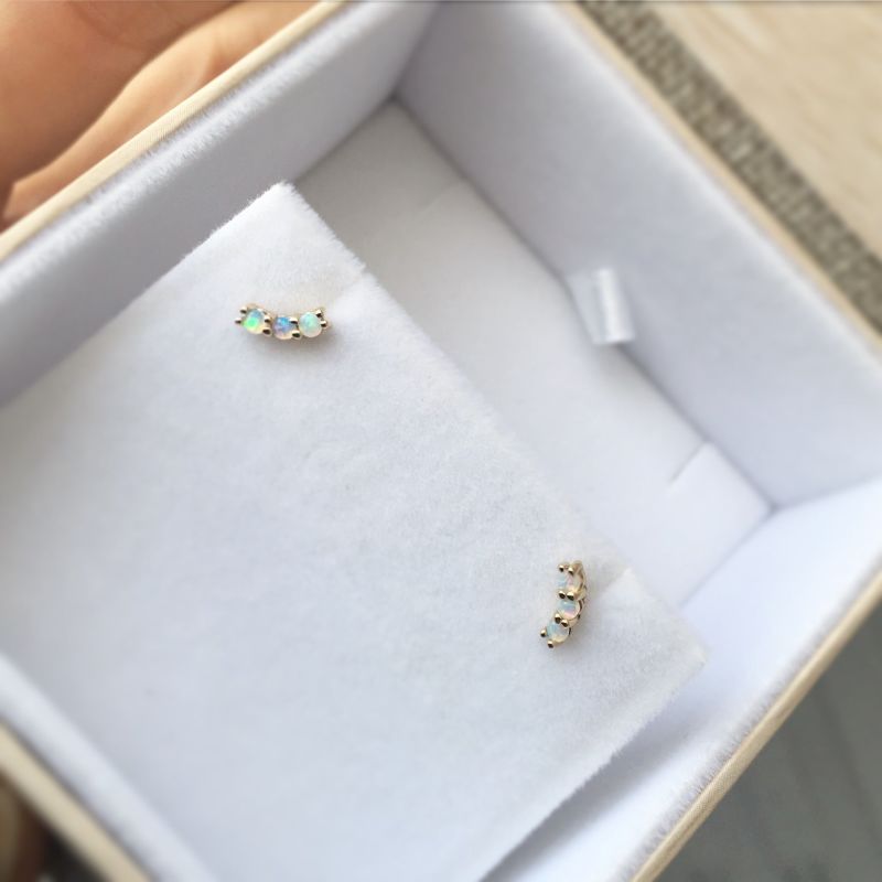 14 Karat Gold Plated Mini Triangle Synthetic White Opal Studs