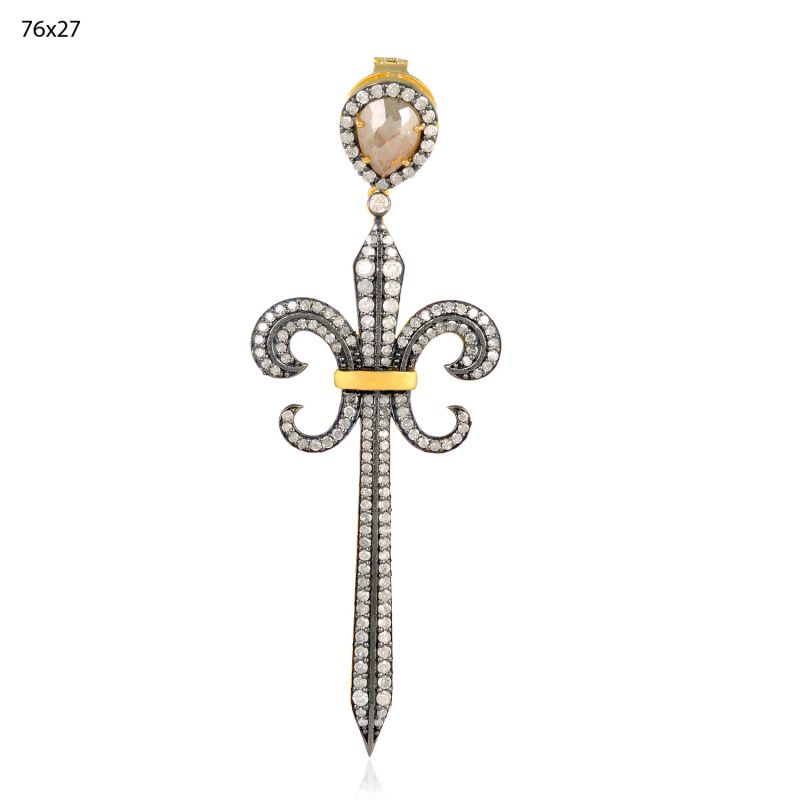 18K Gold & 925 Silver With Genuine Ice Diamond Fleur De Lis & Sword Pendant image