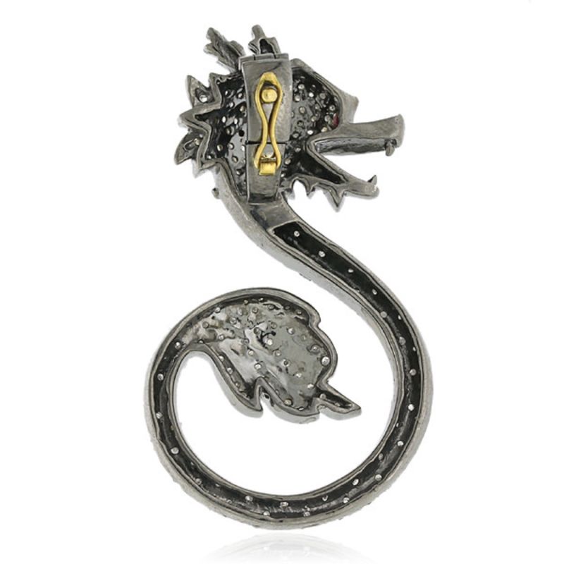 18K Gold & 925 Silver With Ruby And Pave Diamond Dragon Design Pendant image