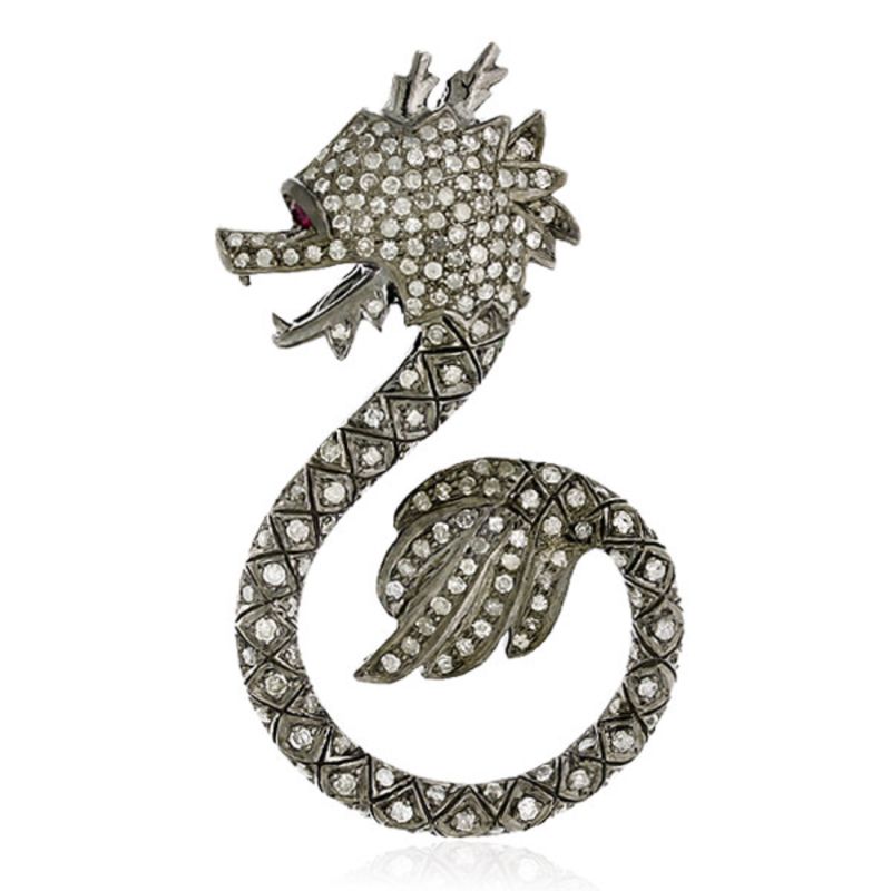 18K Gold & 925 Silver With Ruby And Pave Diamond Dragon Design Pendant image