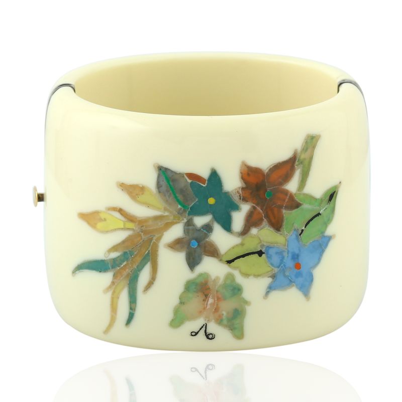 18K Gold & 925 Sterling Silver Flower Leaf Butterfly Design Bakelite Bangle Jewelry image